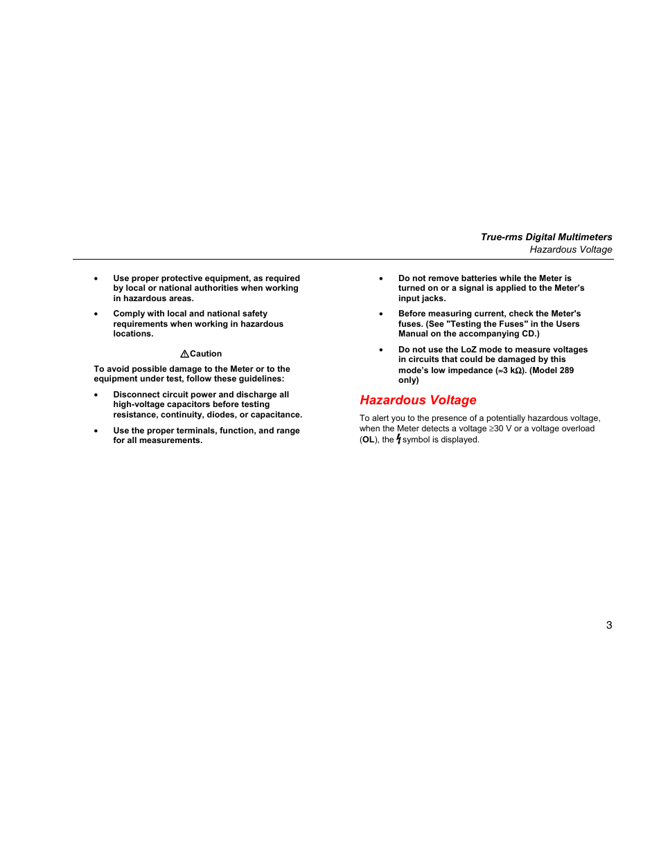 Hazardous voltage | Fluke 289 User Manual | Page 13 / 88