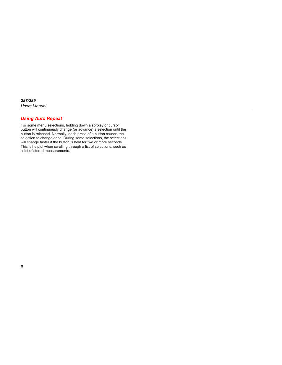 Using auto repeat | Fluke 289 User Manual | Page 16 / 88