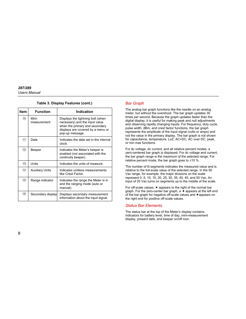 Bar graph, Status bar elements | Fluke 289 User Manual | Page 18 / 88