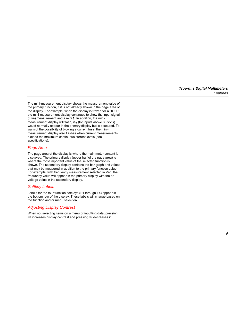 Softkey labels, Adjusting display contrast | Fluke 289 User Manual | Page 19 / 88