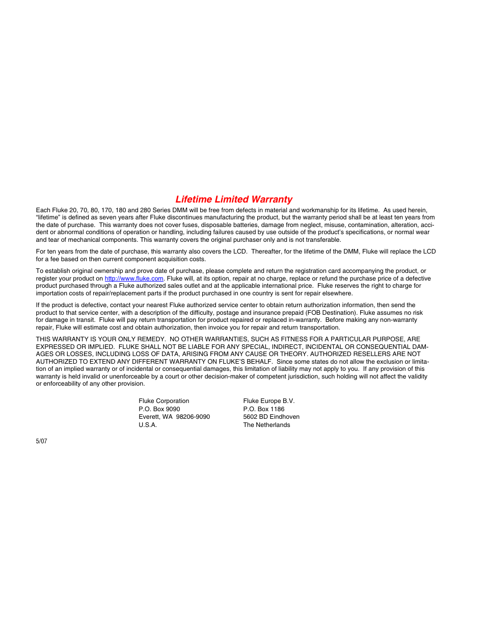 Warranty, Lifetime limited warranty | Fluke 289 User Manual | Page 2 / 88