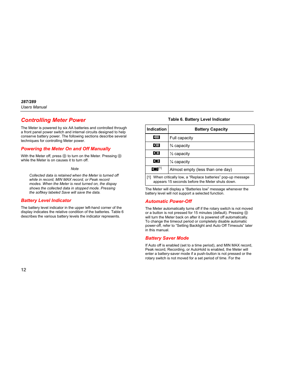 Controlling meter power, Powering the meter on and off manually, Battery level indicator | Automatic power-off, Battery saver mode | Fluke 289 User Manual | Page 22 / 88