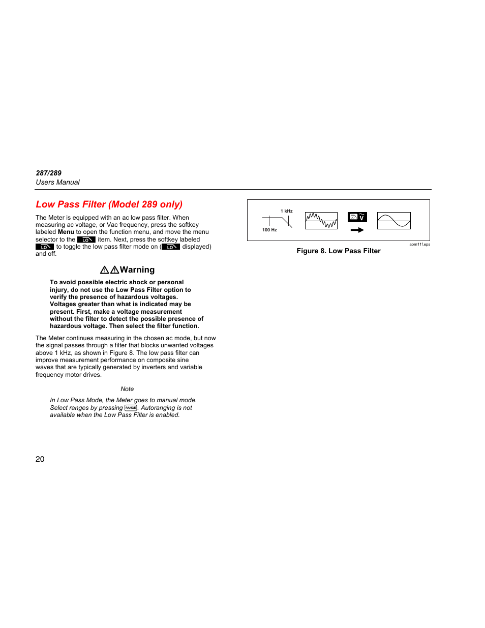 Low pass filter (model 289 only), Xw warning | Fluke 289 User Manual | Page 30 / 88