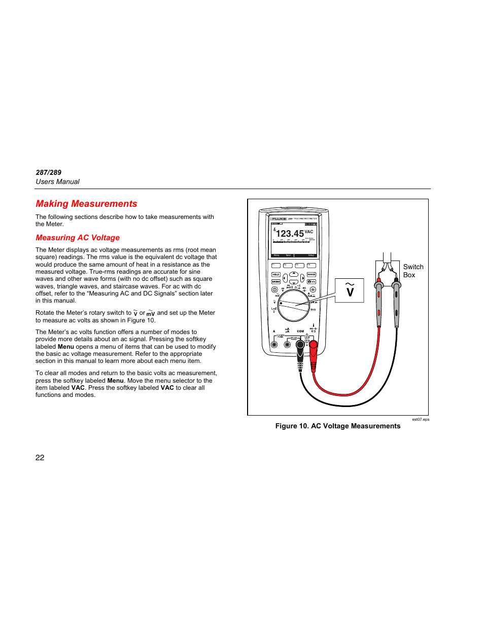 Making measurements, Measuring ac voltage, Figure 10. ac voltage measurements | Switch box | Fluke 289 User Manual | Page 32 / 88