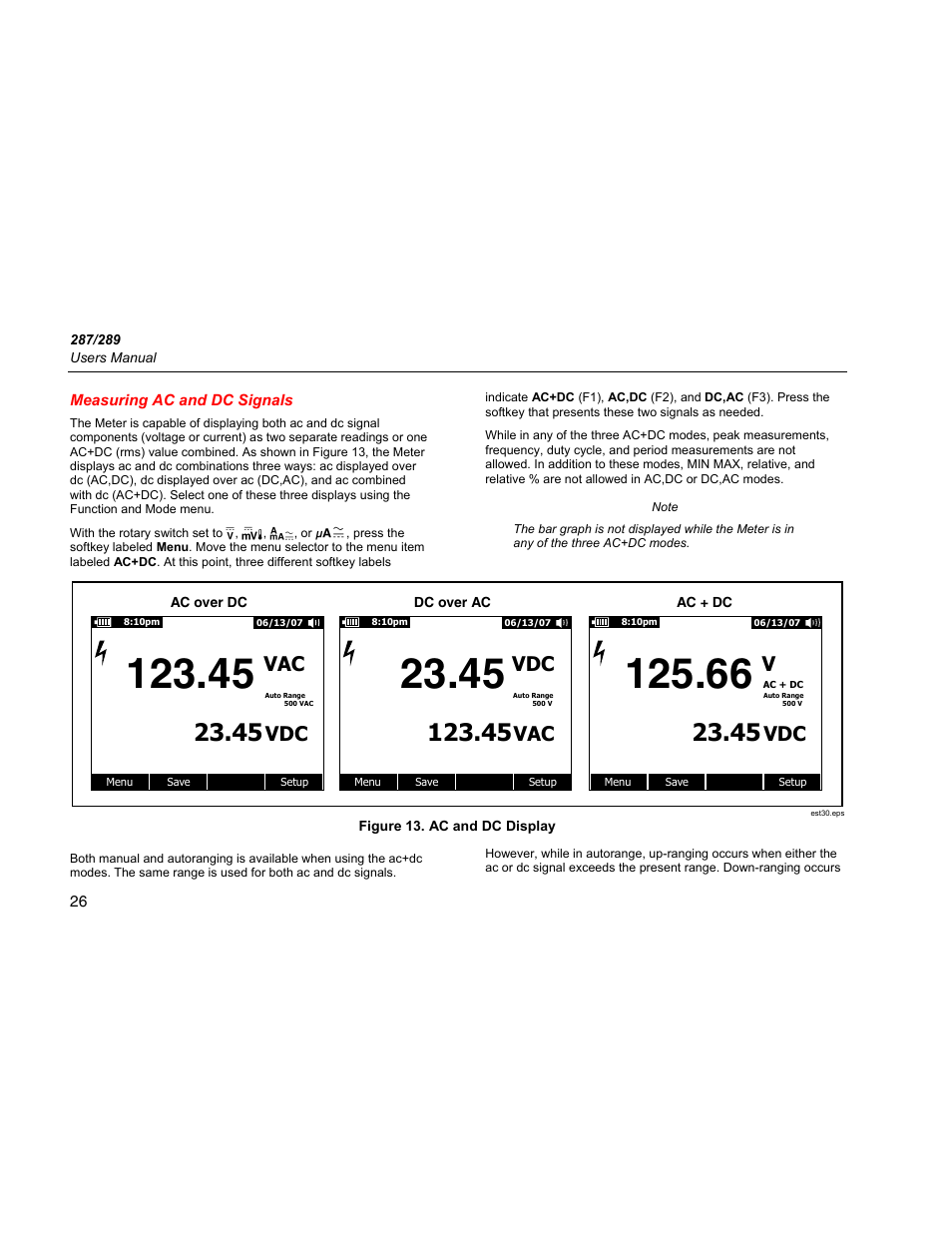 Measuring ac and dc signals, Vvdc, Vdc vac | Fluke 289 User Manual | Page 36 / 88