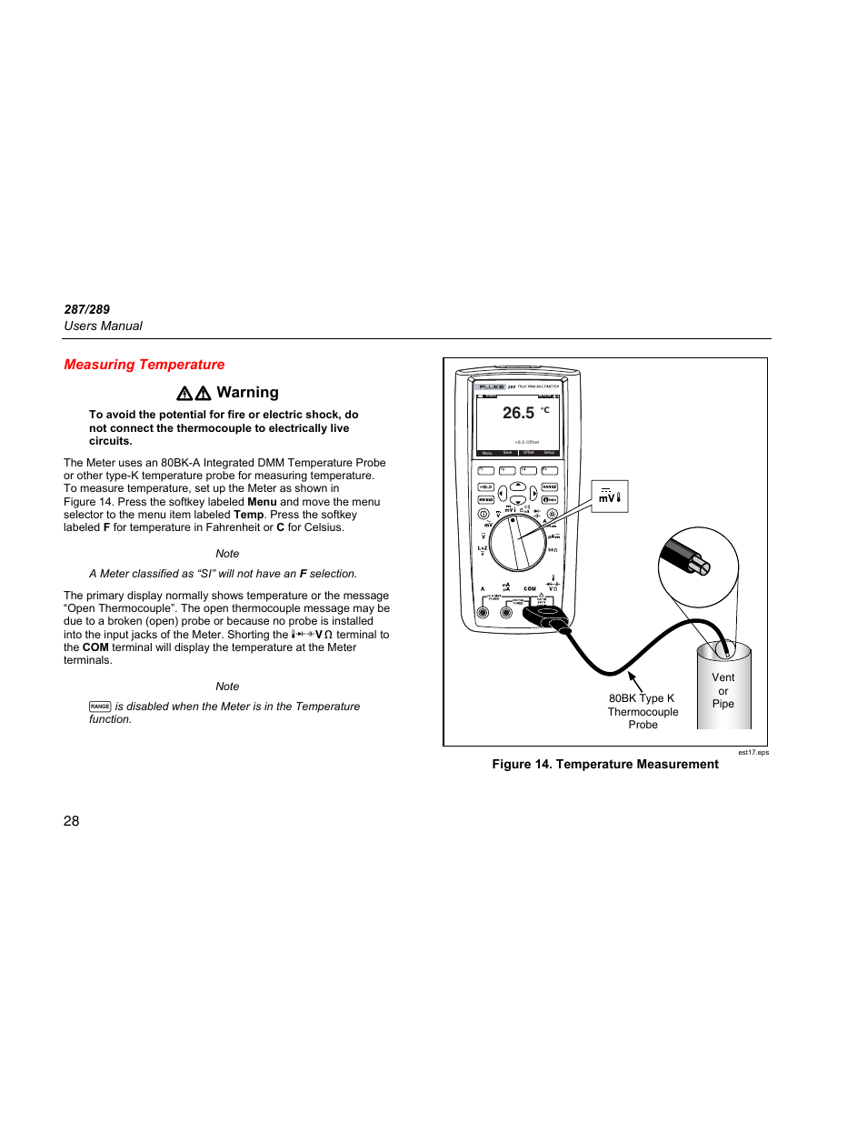Measuring temperature, Xw warning, 28 measuring temperature | Fluke 289 User Manual | Page 38 / 88