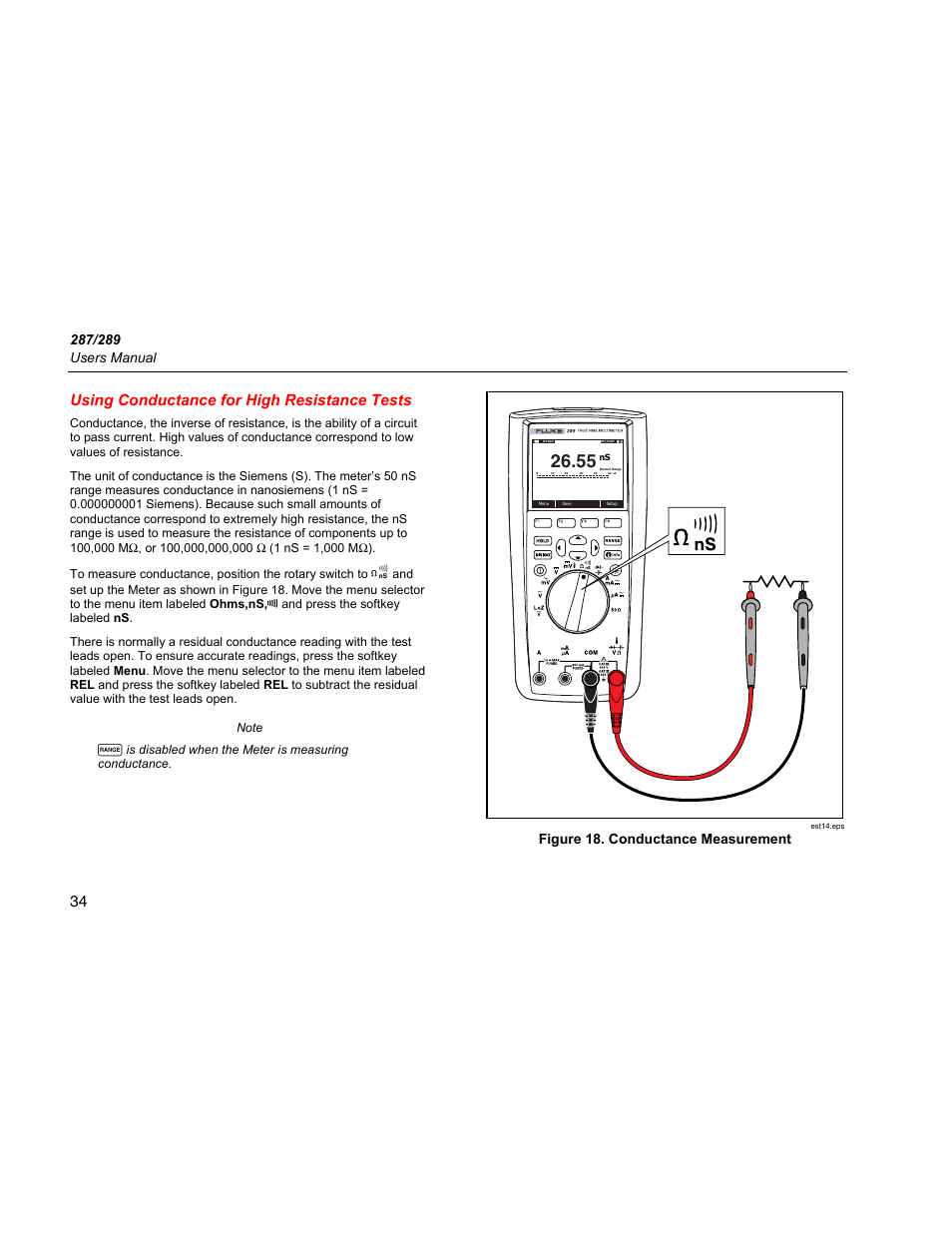 Using conductance for high resistance tests, 34 using conductance for high resistance tests, Figure 18. conductance measurement | Fluke 289 User Manual | Page 44 / 88