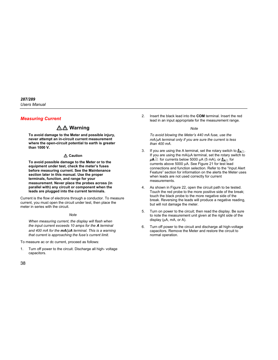 Measuring current, Xw warning | Fluke 289 User Manual | Page 48 / 88