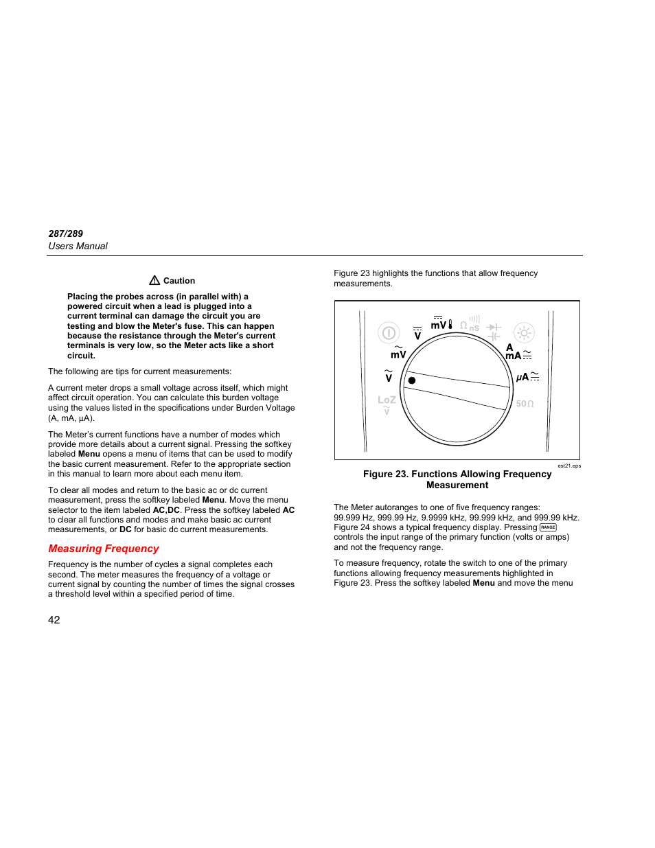 Measuring frequency | Fluke 289 User Manual | Page 52 / 88