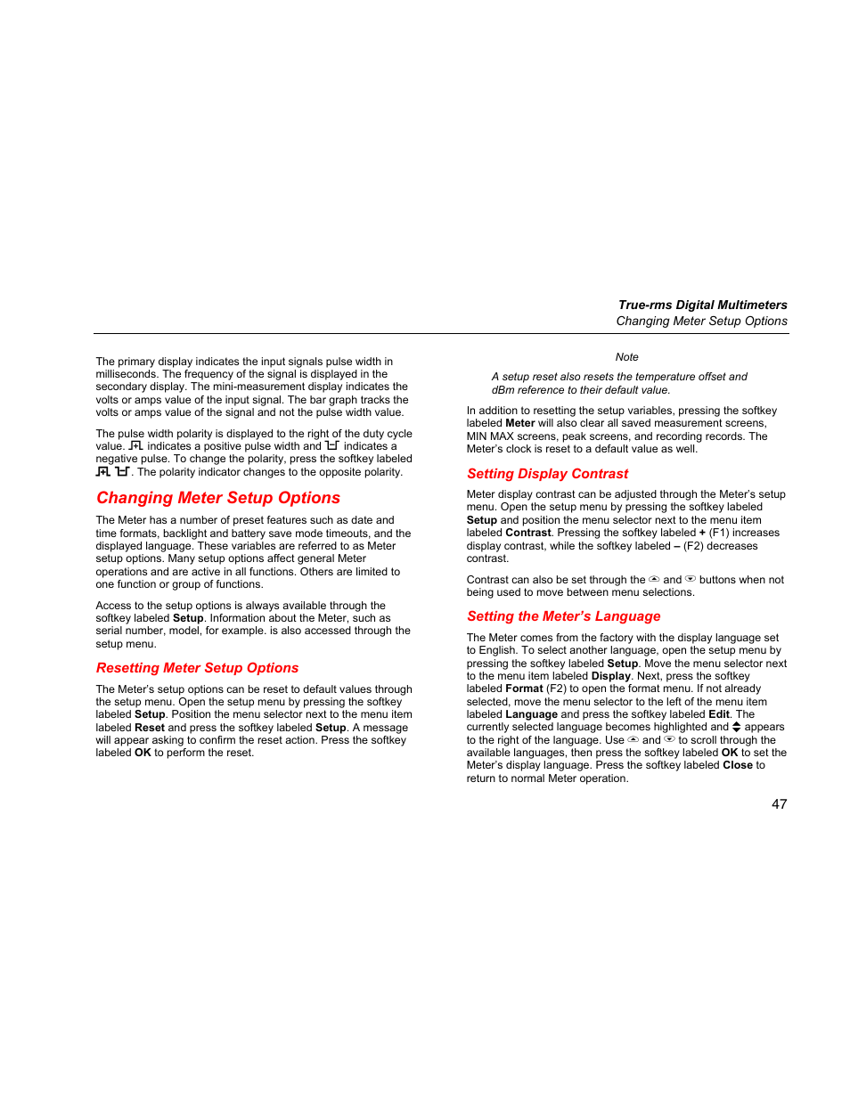 Changing meter setup options, Resetting meter setup options, Setting display contrast | Setting the meter’s language | Fluke 289 User Manual | Page 57 / 88