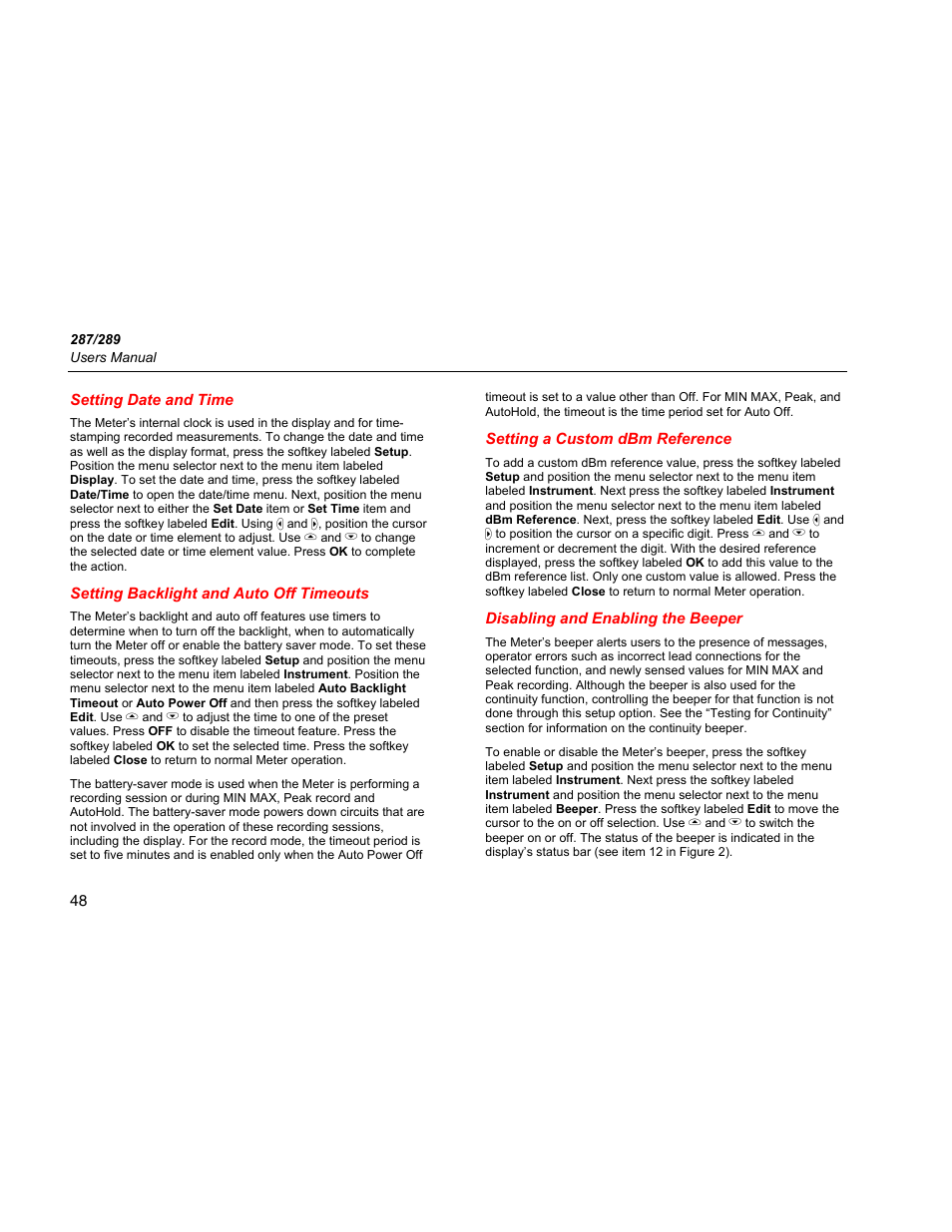 Setting date and time, Setting backlight and auto off timeouts, Setting a custom dbm reference | Disabling and enabling the beeper | Fluke 289 User Manual | Page 58 / 88
