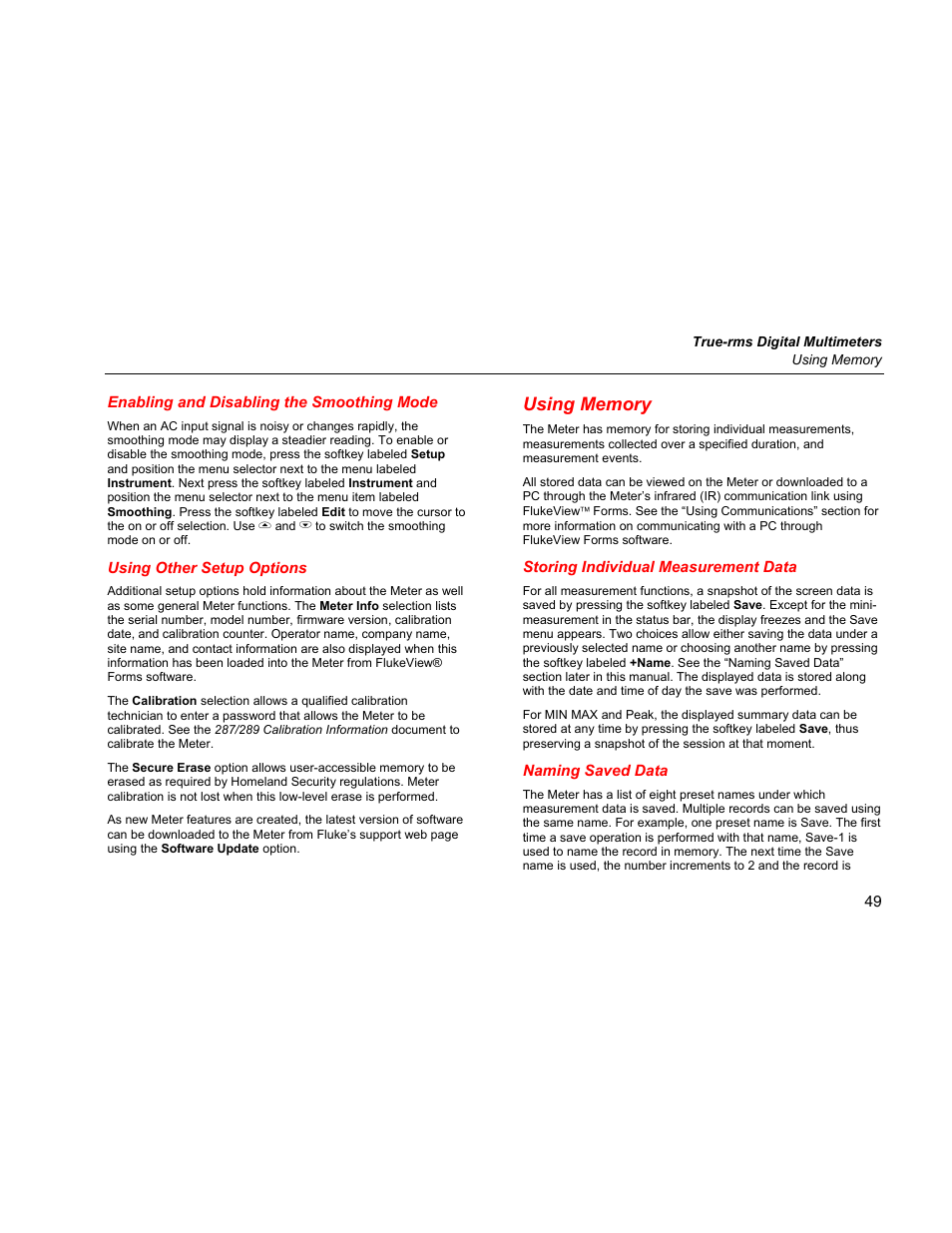 Enabling and disabling the smoothing mode, Using other setup options, Using memory | Storing individual measurement data, Naming saved data | Fluke 289 User Manual | Page 59 / 88