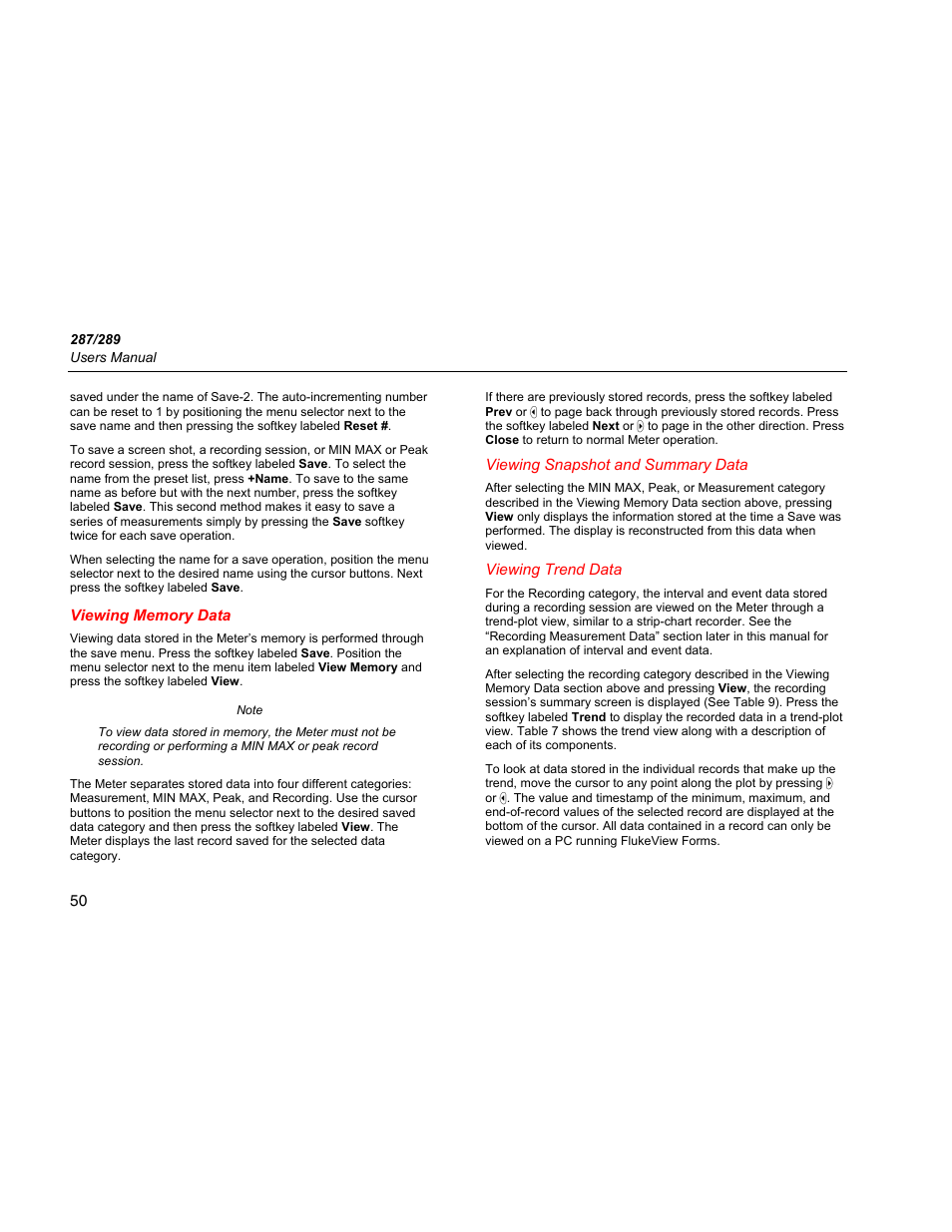 Viewing memory data, Viewing snapshot and summary data, Viewing trend data | Fluke 289 User Manual | Page 60 / 88