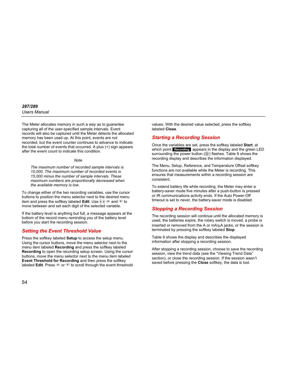 Setting the event threshold value, Starting a recording session, Stopping a recording session | Fluke 289 User Manual | Page 64 / 88