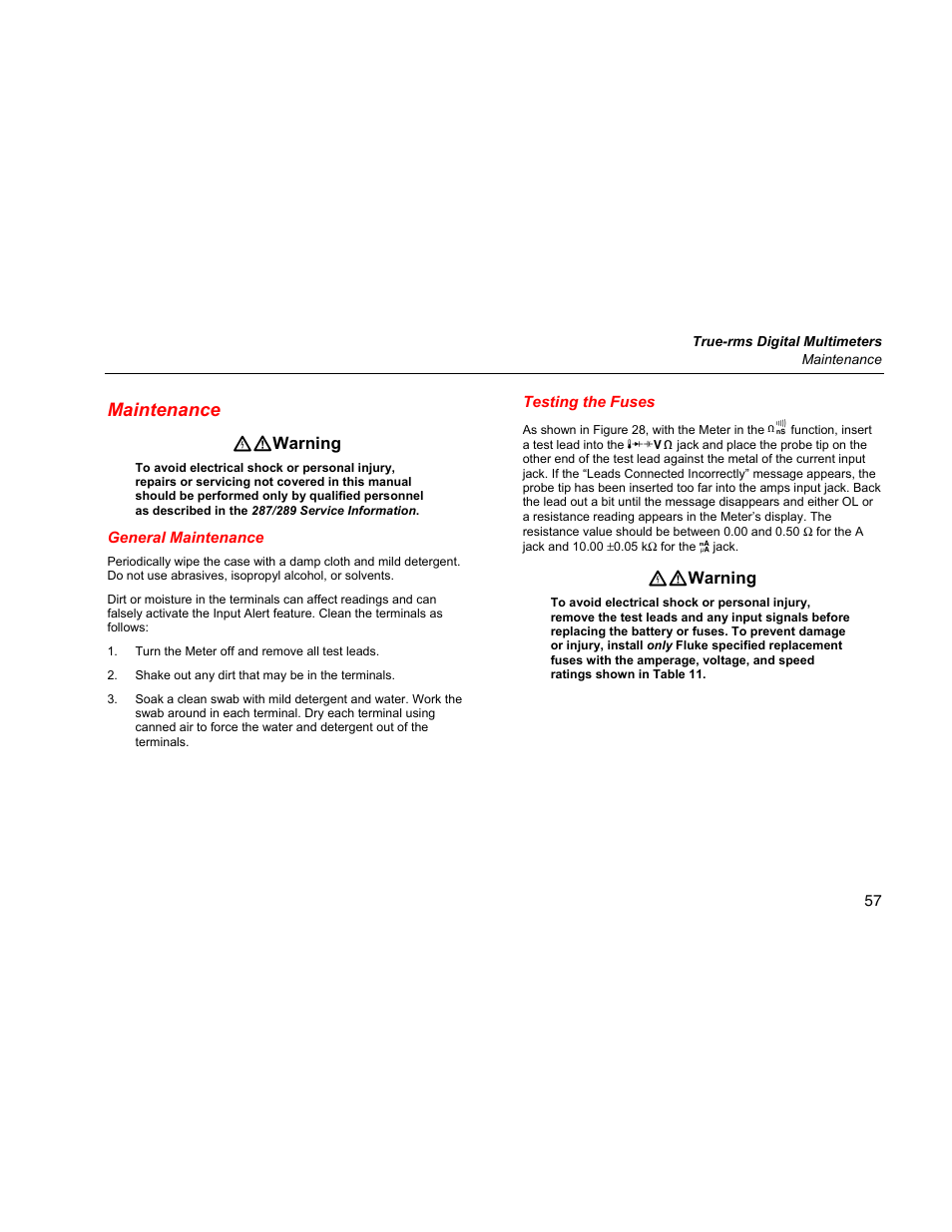 Maintenance, General maintenance, Testing the fuses | Xw warning | Fluke 289 User Manual | Page 67 / 88