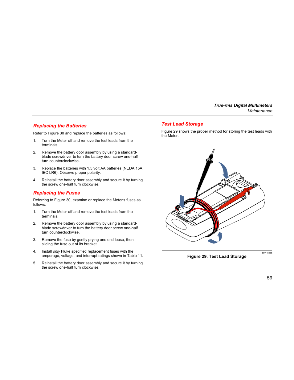 Replacing the batteries, Replacing the fuses, Test lead storage | Fluke 289 User Manual | Page 69 / 88