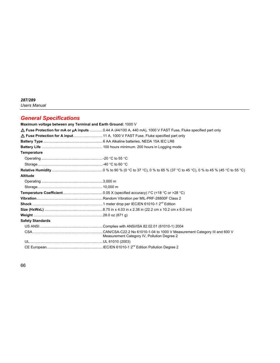 General specifications | Fluke 289 User Manual | Page 76 / 88