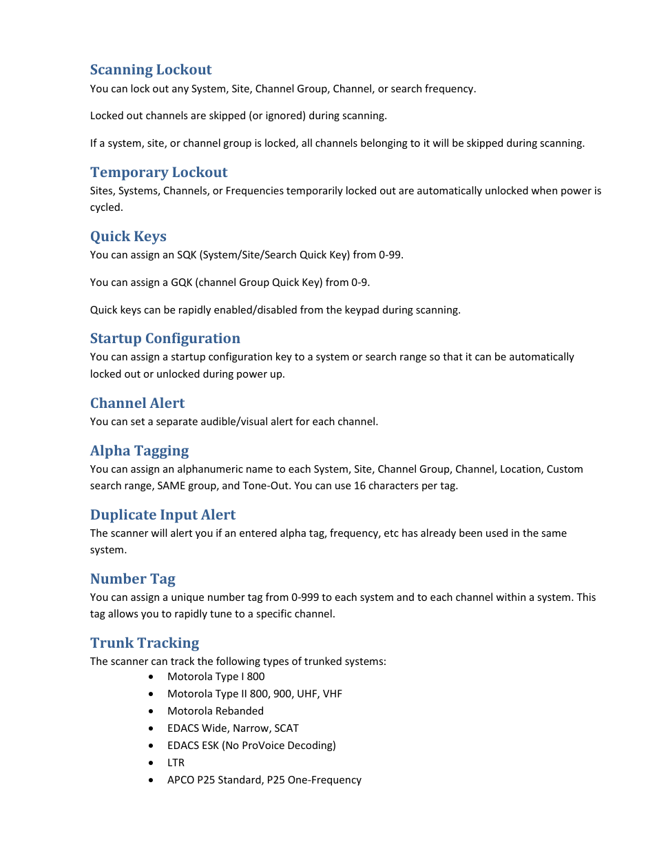 Scanning lockout, Temporary lockout, Quick keys | Startup configuration, Channel alert, Alpha tagging, Duplicate input alert, Number tag, Trunk tracking | Uniden BCD396XT User Manual | Page 10 / 273