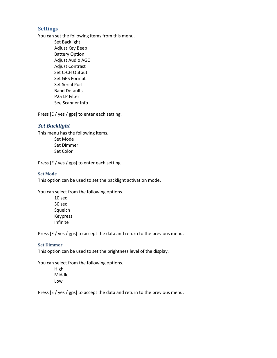 Settings, Set backlight, Set mode | Set dimmer | Uniden BCD396XT User Manual | Page 103 / 273