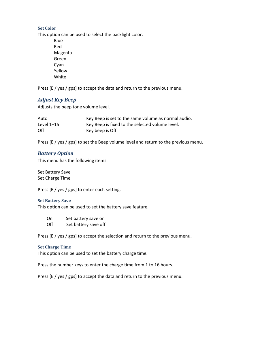 Set color, Adjust key beep, Battery option | Set battery save, Set charge time | Uniden BCD396XT User Manual | Page 104 / 273