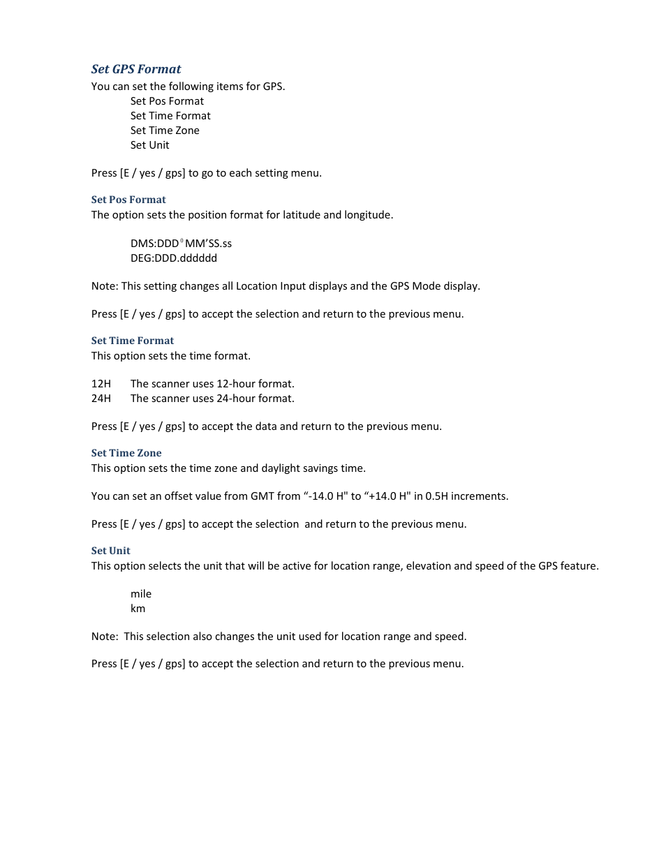 Set gps format, Set pos format, Set time format | Set time zone, Set unit | Uniden BCD396XT User Manual | Page 107 / 273