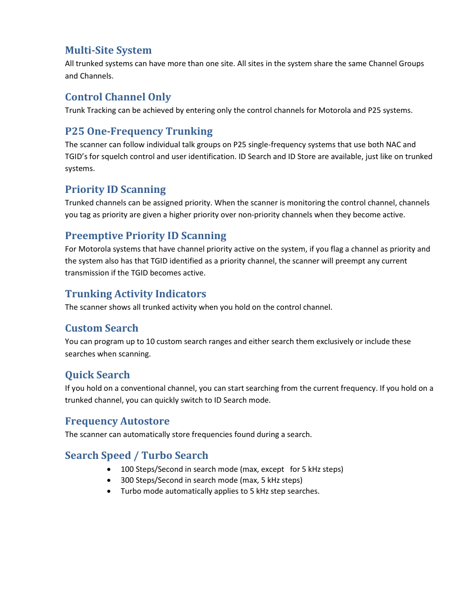 Multi-site system, Control channel only, P25 one-frequency trunking | Priority id scanning, Preemptive priority id scanning, Trunking activity indicators, Custom search, Quick search, Frequency autostore, Search speed / turbo search | Uniden BCD396XT User Manual | Page 11 / 273