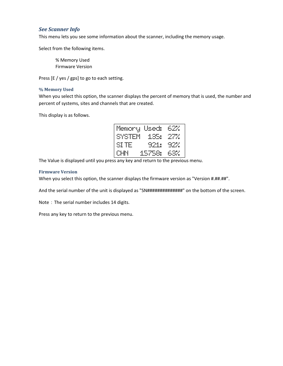 See scanner info, Memory used, Firmware version | Uniden BCD396XT User Manual | Page 110 / 273