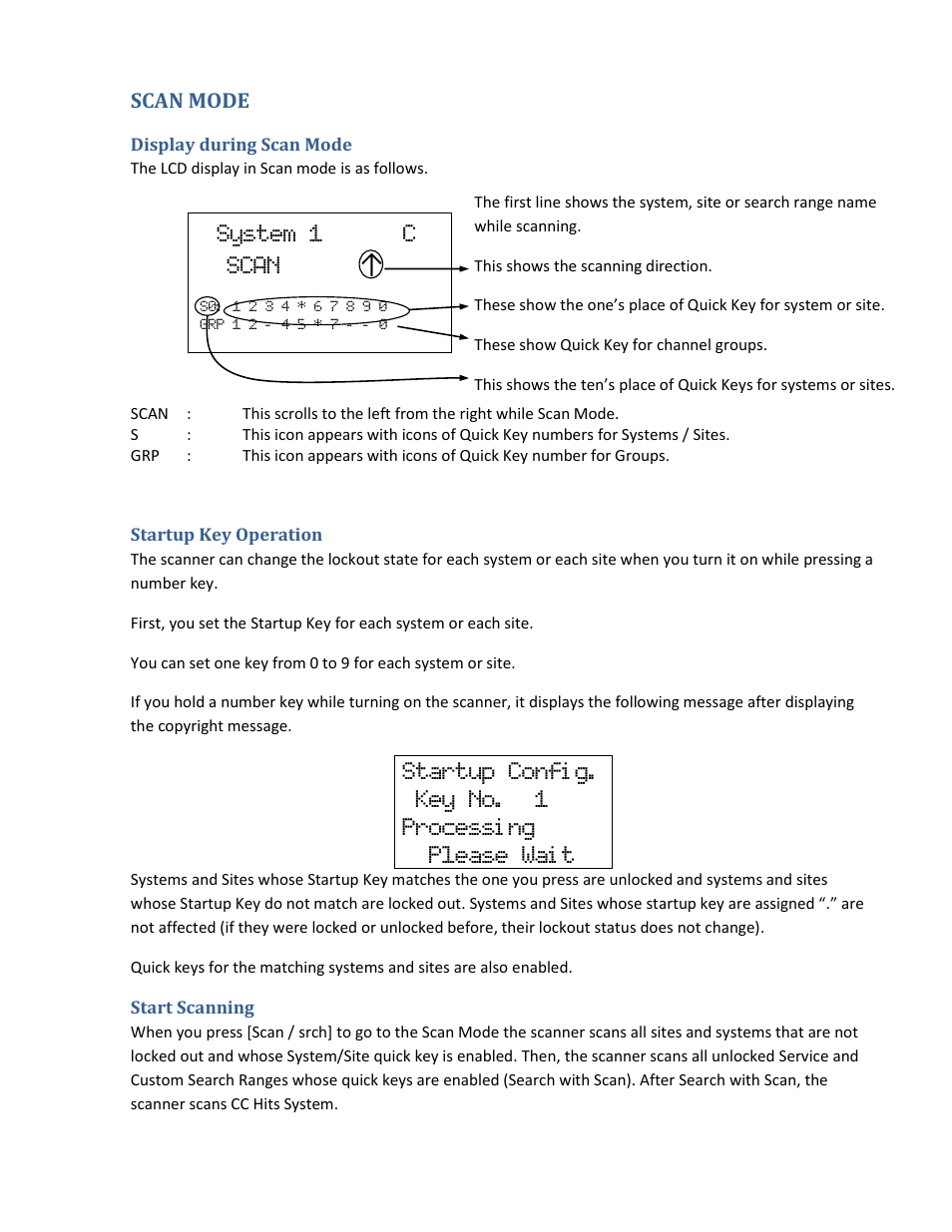 Scan mode, Display during scan mode, Startup key operation | Start scanning, System 1 c scan | Uniden BCD396XT User Manual | Page 111 / 273