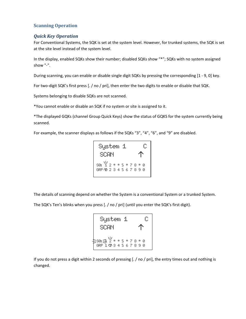 Scanning operation, Quick key operation, System 1 c scan | Uniden BCD396XT User Manual | Page 114 / 273