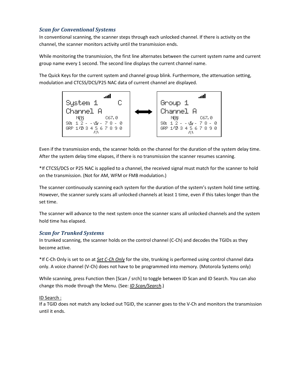 Scan for conventional systems, Scan for trunked systems, System 1 c channel a | Group 1 channel a | Uniden BCD396XT User Manual | Page 115 / 273