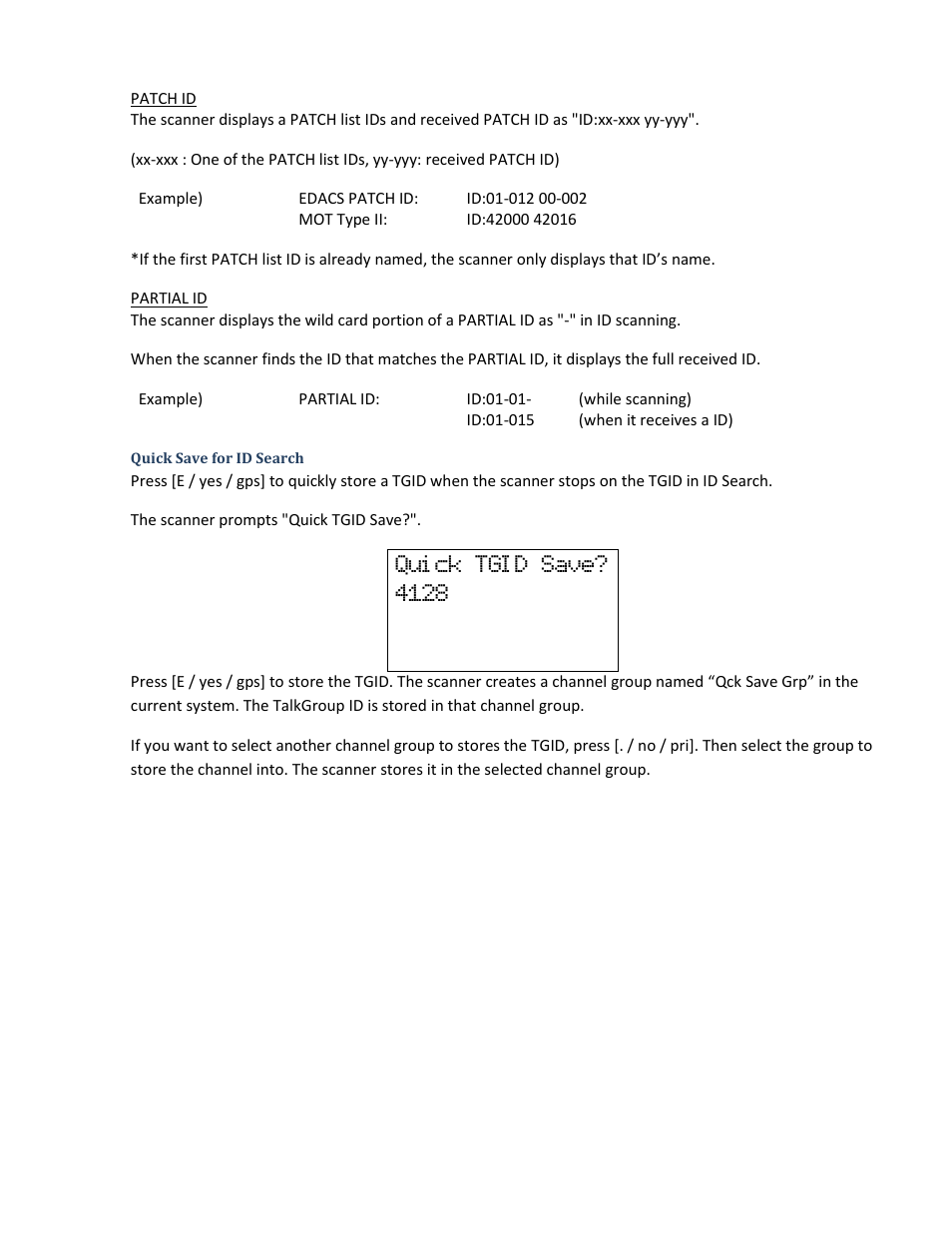 Quick save for id search, Qui ck tgi d save? 4128 | Uniden BCD396XT User Manual | Page 118 / 273
