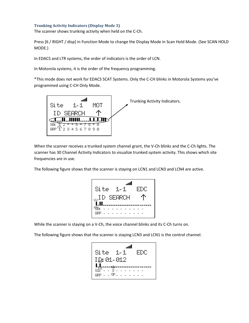 Trunking activity indicators (display mode 3), I d search, Si te 1- 1 edc i d search | Si te 1- 1 mot | Uniden BCD396XT User Manual | Page 119 / 273
