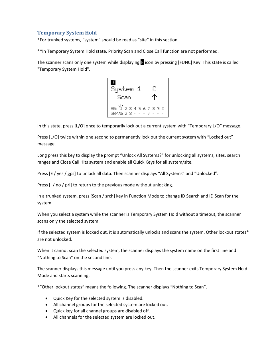 Temporary system hold, System 1 c, Scan | Uniden BCD396XT User Manual | Page 126 / 273