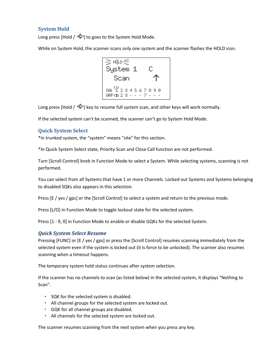 System hold, Quick system select, Quick system select resume | System 1 c scan | Uniden BCD396XT User Manual | Page 127 / 273