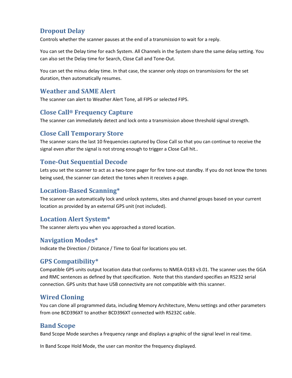 Dropout delay, Weather and same alert, Close call® frequency capture | Close call temporary store, Tone-out sequential decode, Location-based scanning, Location alert system, Navigation modes, Gps compatibility, Wired cloning | Uniden BCD396XT User Manual | Page 13 / 273