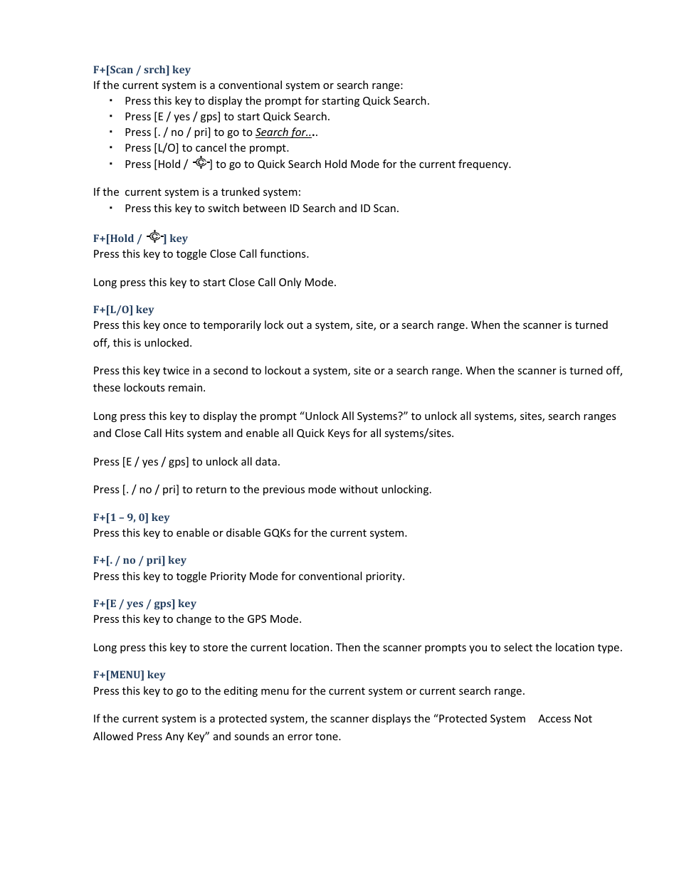 F+[scan / srch] key, F+[hold / /] key, F+[l/o] key | F+[1 – 9, 0] key, F+[. / no / pri] key, F+[e / yes / gps] key, F+[menu] key | Uniden BCD396XT User Manual | Page 130 / 273