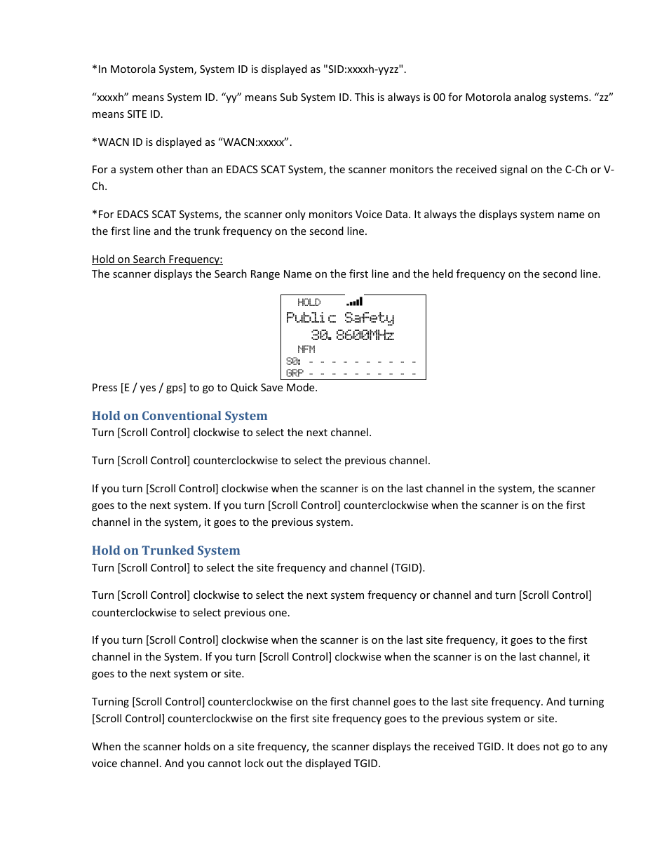 Hold on conventional system, Hold on trunked system | Uniden BCD396XT User Manual | Page 135 / 273