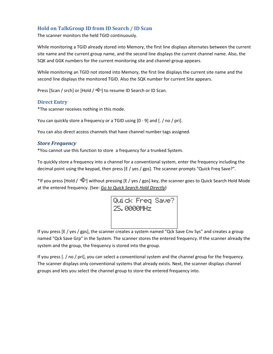 Hold on talkgroup id from id search / id scan, Direct entry, Store frequency | Uniden BCD396XT User Manual | Page 136 / 273