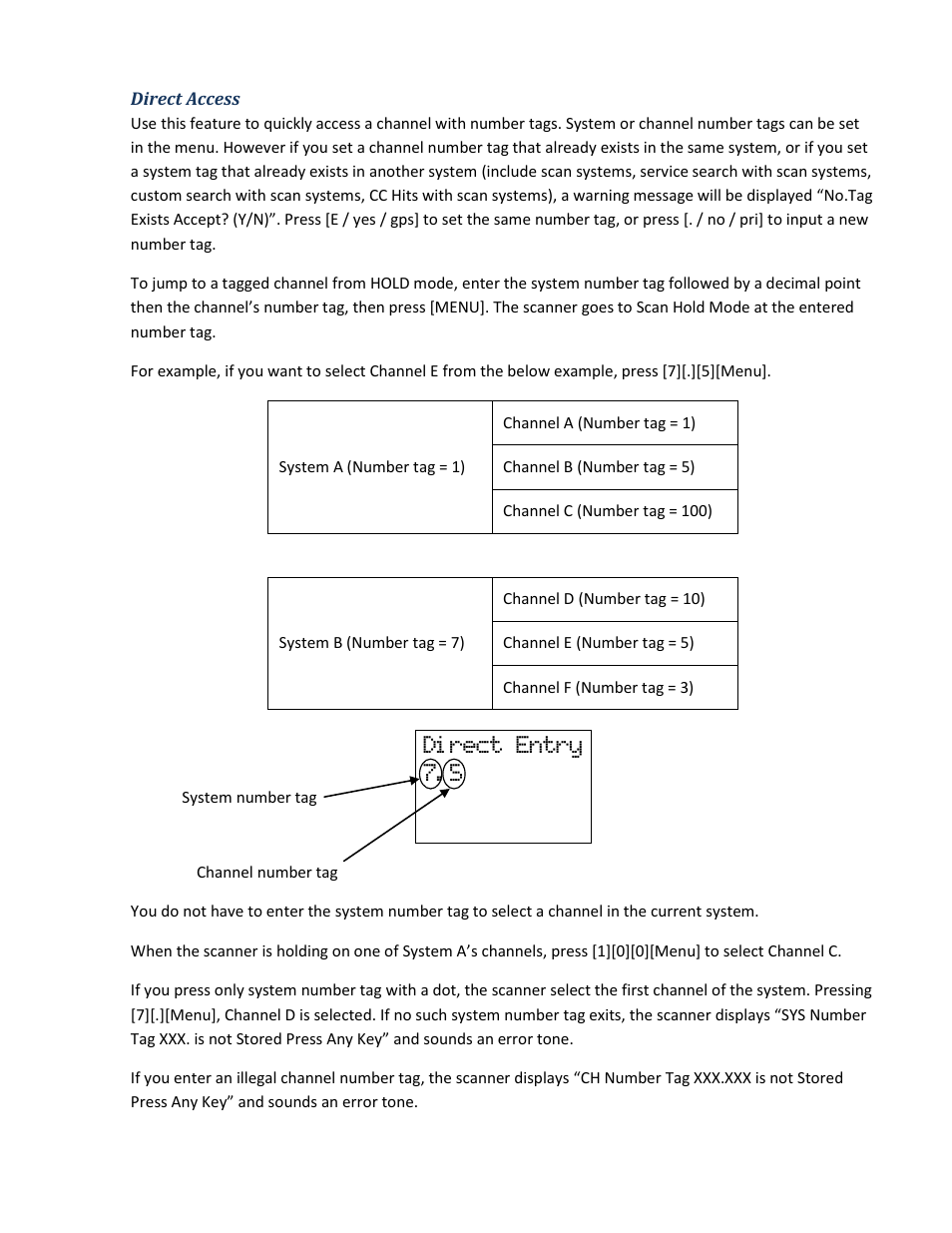 Direct access, Di rect entry 7. 5 | Uniden BCD396XT User Manual | Page 138 / 273