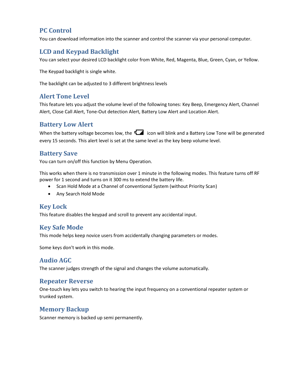 Pc control, Lcd and keypad backlight, Alert tone level | Battery low alert, Battery save, Key lock, Key safe mode, Audio agc, Repeater reverse, Memory backup | Uniden BCD396XT User Manual | Page 14 / 273