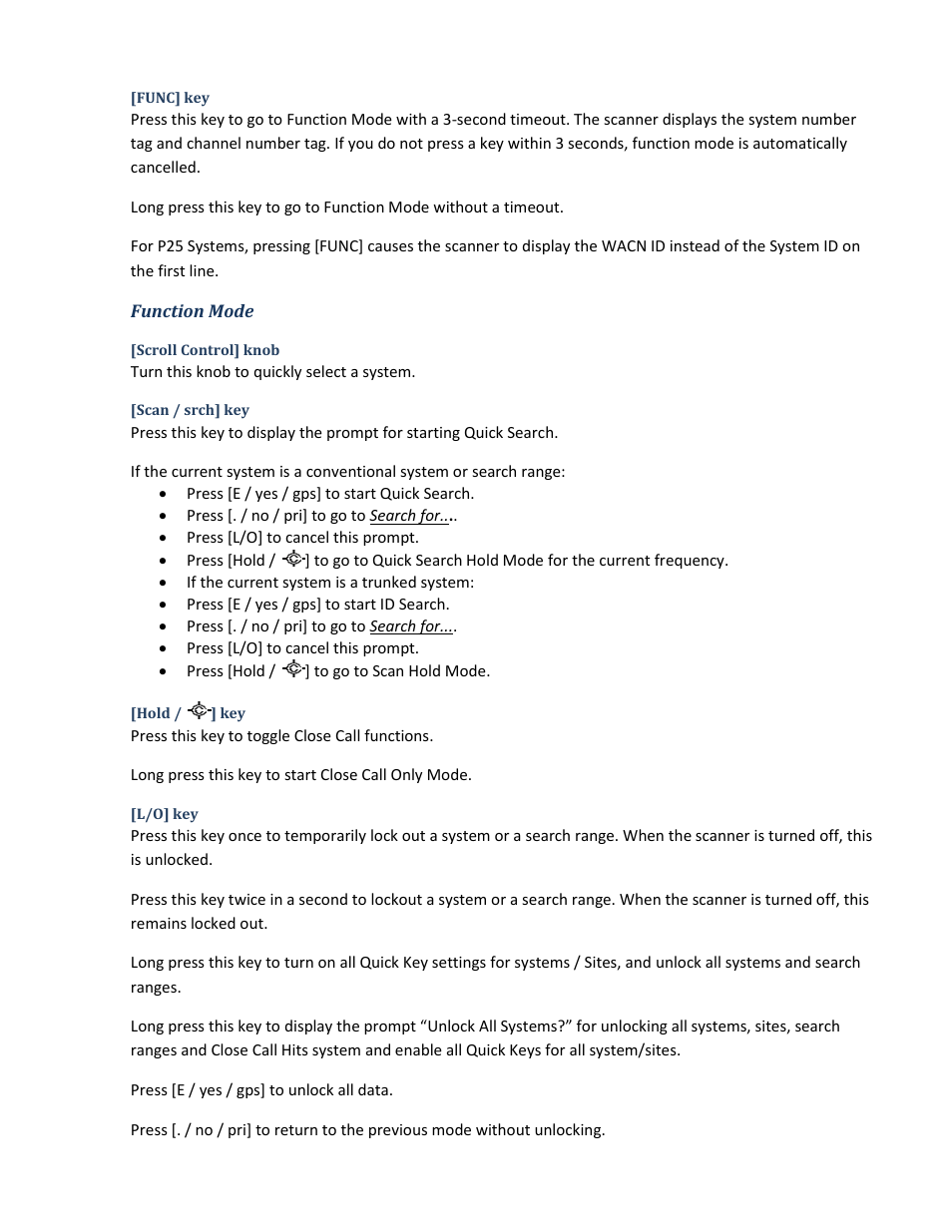 Func] key, Function mode, Scroll control] knob | Scan / srch] key, Hold / /] key, L/o] key | Uniden BCD396XT User Manual | Page 140 / 273