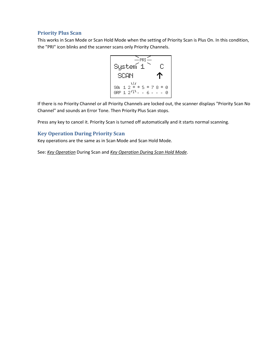 Priority plus scan, Key operation during priority scan, System 1 c scan | Uniden BCD396XT User Manual | Page 143 / 273