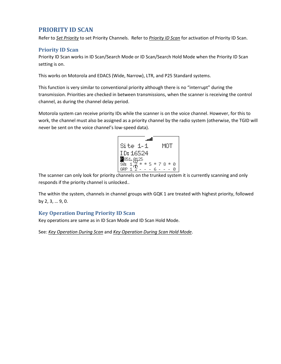 Priority id scan, Key operation during priority id scan | Uniden BCD396XT User Manual | Page 144 / 273