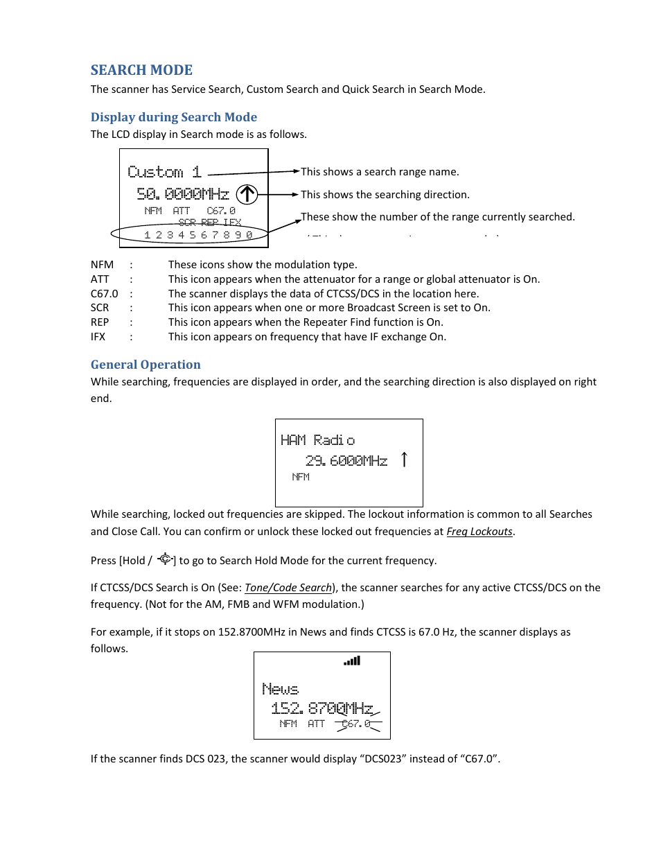 Search mode, Display during search mode, General operation | Uniden BCD396XT User Manual | Page 145 / 273