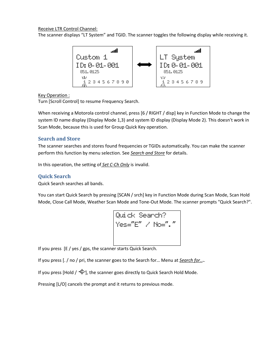 Search and store, Quick search, Qui ck search? yes=”e” / no | Uniden BCD396XT User Manual | Page 149 / 273