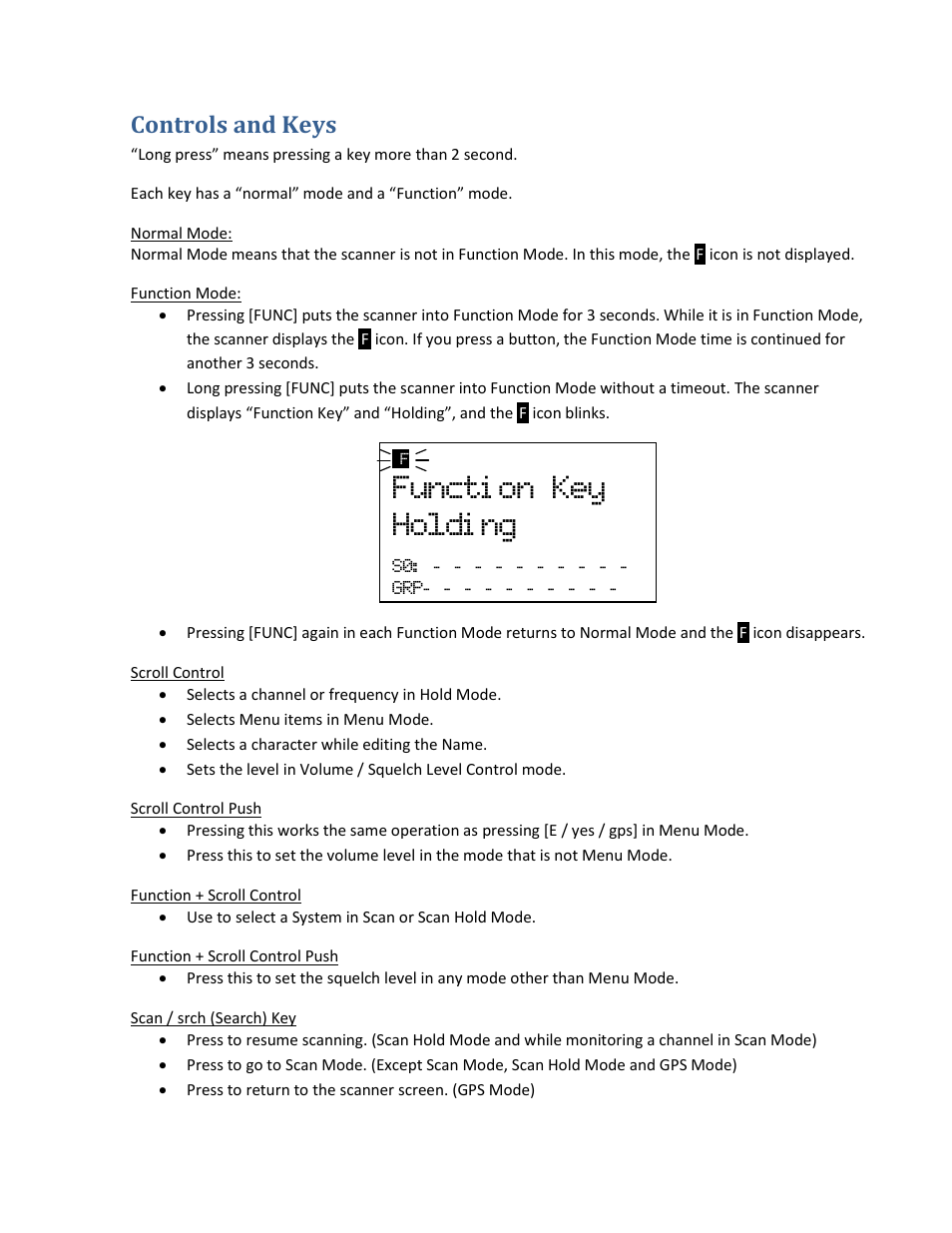 Controls and keys, Functi on key holdi ng, S0: - - - - - - - - - - grp | Uniden BCD396XT User Manual | Page 16 / 273