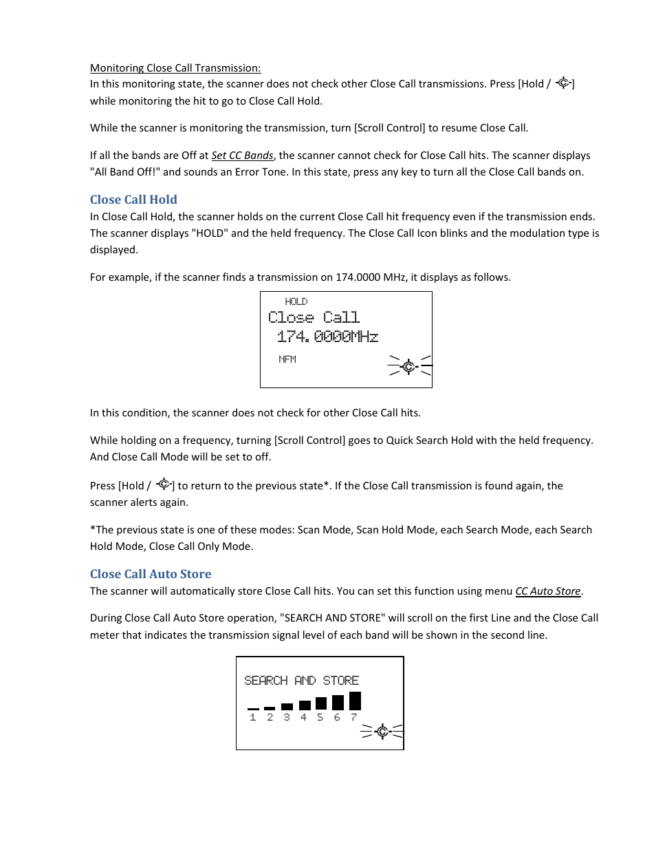 Close call hold, Close call auto store, Search and store | Uniden BCD396XT User Manual | Page 161 / 273