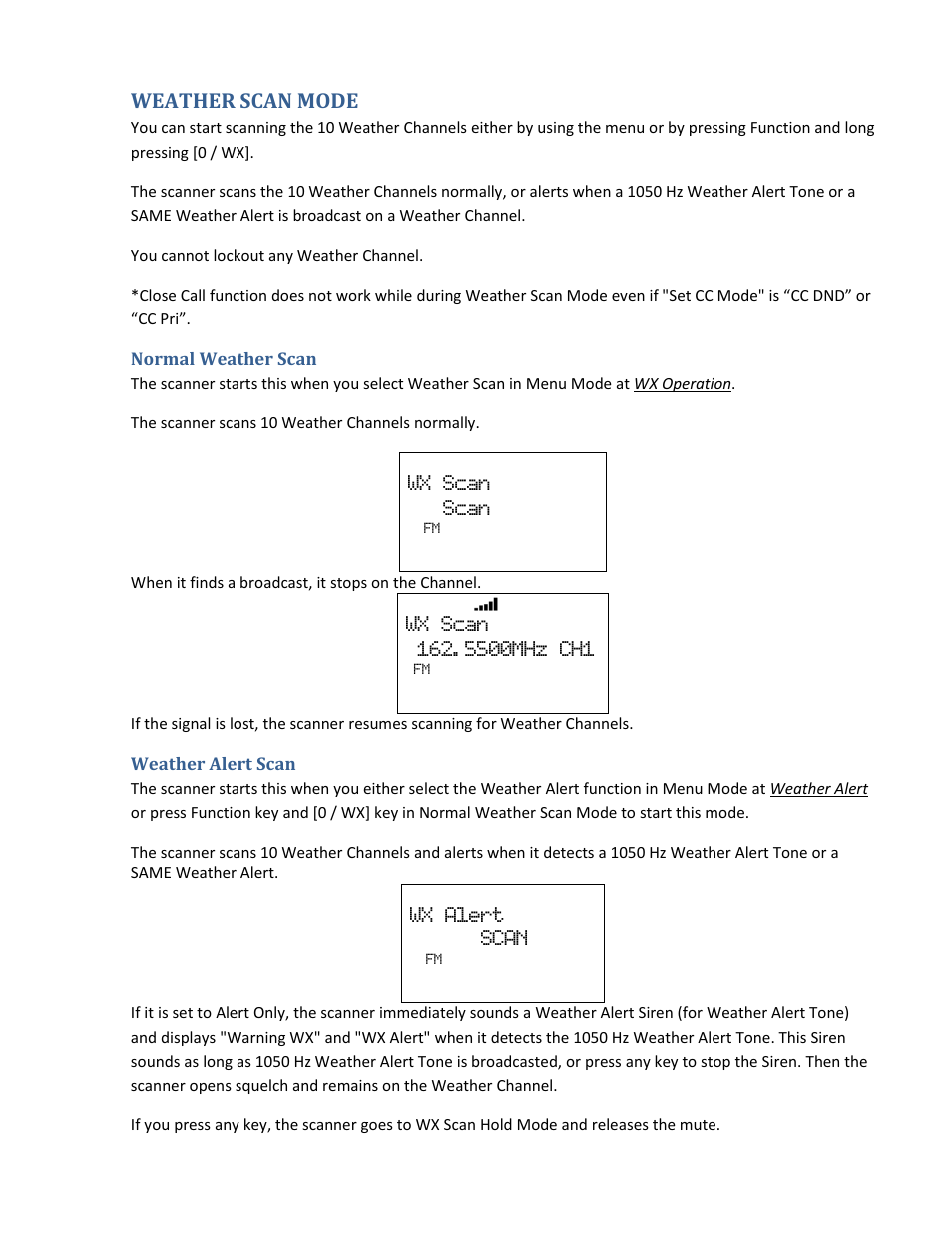 Weather scan mode, Normal weather scan, Weather alert scan | Wx scan scan, Wx alert scan | Uniden BCD396XT User Manual | Page 167 / 273