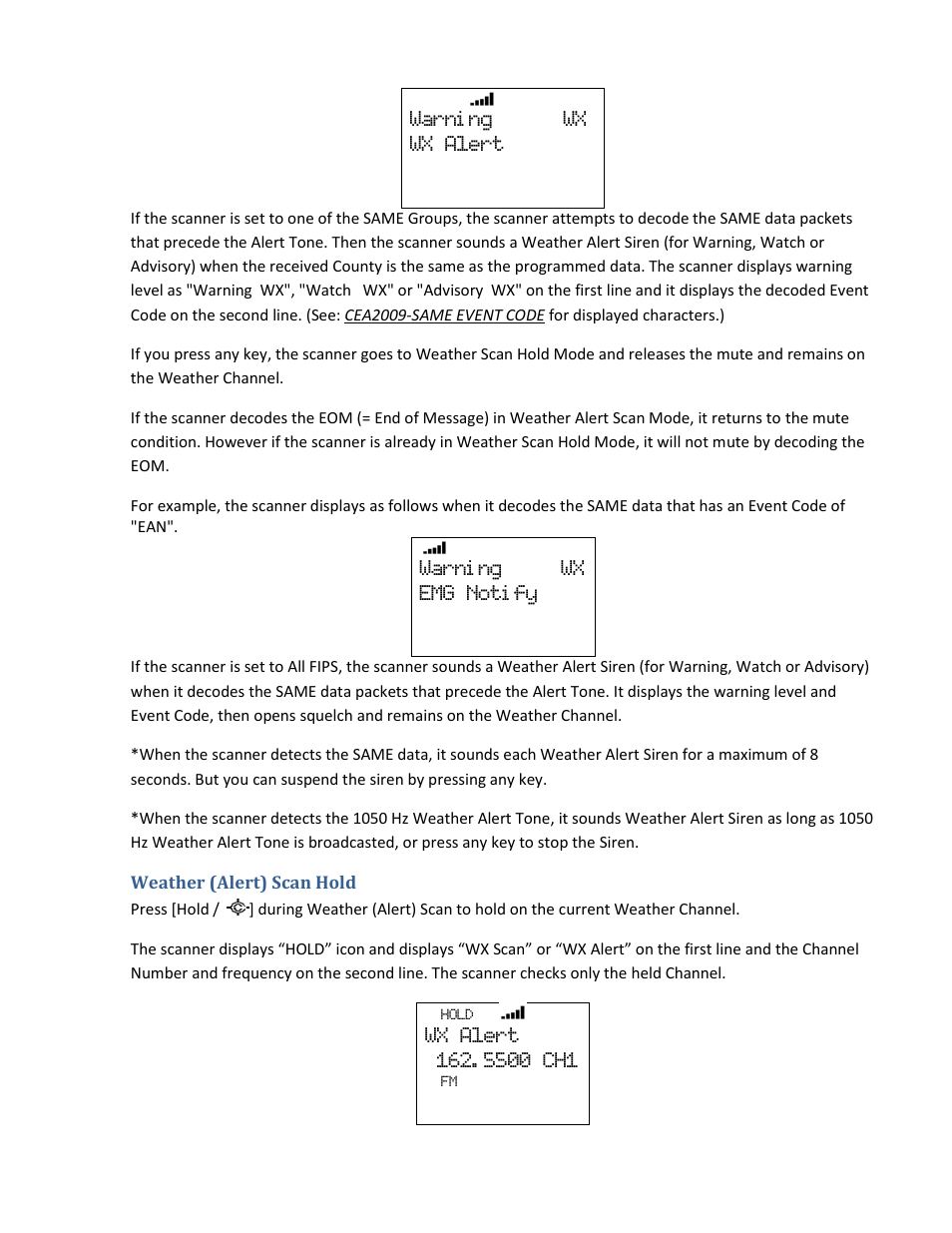 Weather (alert) scan hold, Warni ng wx wx alert, Warni ng wx emg noti fy | Uniden BCD396XT User Manual | Page 168 / 273