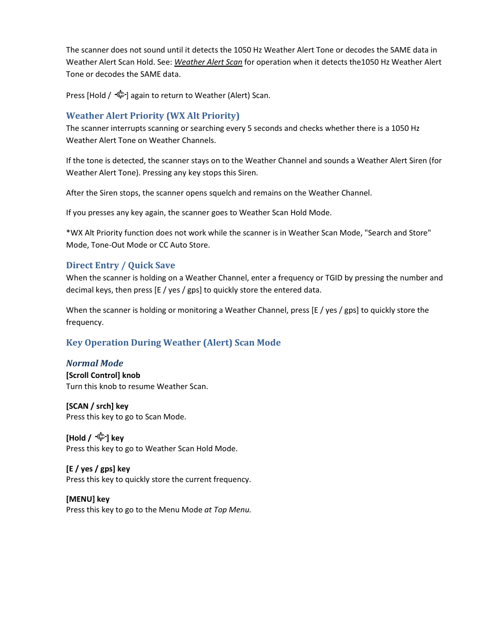 Weather alert priority (wx alt priority), Direct entry / quick save, Key operation during weather (alert) scan mode | Normal mode | Uniden BCD396XT User Manual | Page 169 / 273